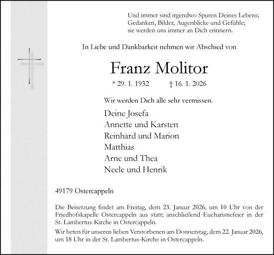 Traueranzeige von Franz Molitor von Neue Osnabrücker Zeitung GmbH & Co. KG
