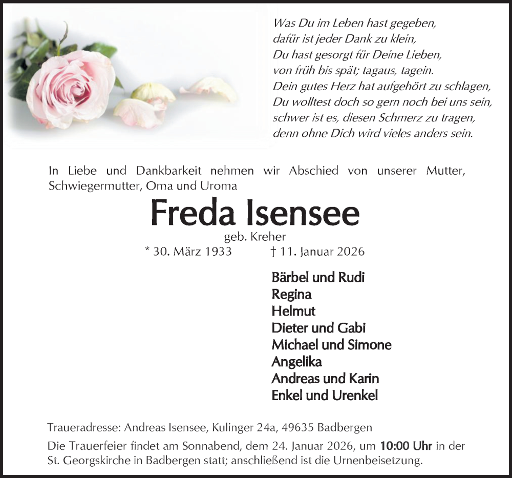  Traueranzeige für Freda Isensee vom 17.01.2026 aus Neue Osnabrücker Zeitung GmbH & Co. KG