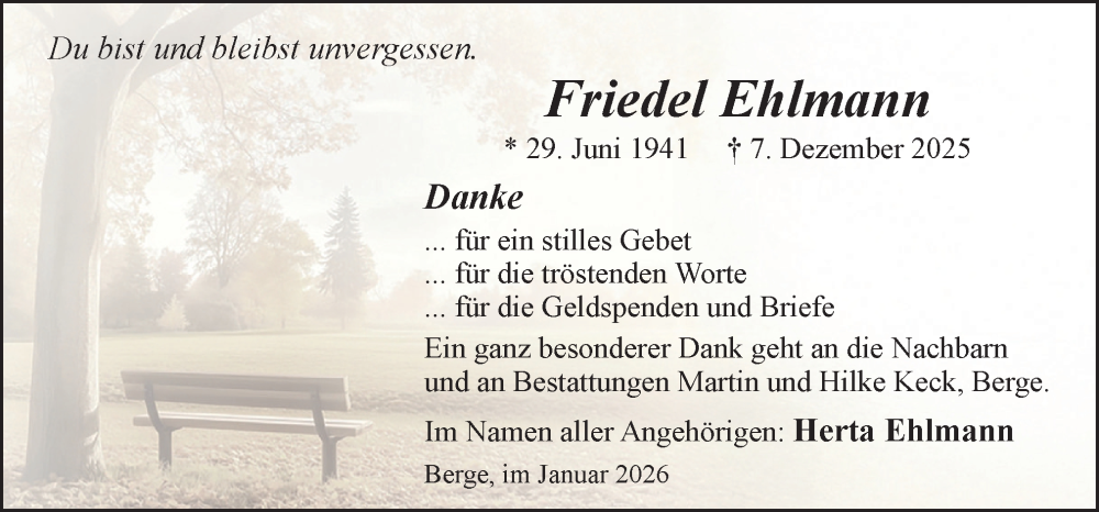  Traueranzeige für Friedel Ehlmann vom 24.01.2026 aus Neue Osnabrücker Zeitung GmbH & Co. KG