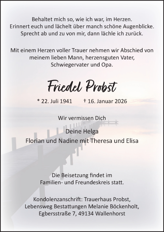 Traueranzeige von Friedel Probst von Neue Osnabrücker Zeitung GmbH & Co. KG