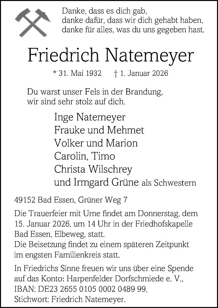  Traueranzeige für Friedrich Natemeyer vom 10.01.2026 aus Neue Osnabrücker Zeitung GmbH & Co. KG