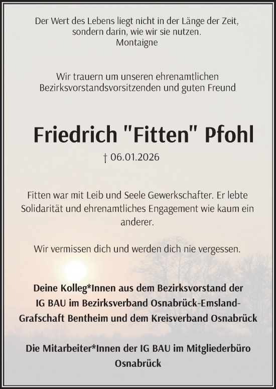 Traueranzeige von Friedrich Pfohl von Neue Osnabrücker Zeitung GmbH & Co. KG