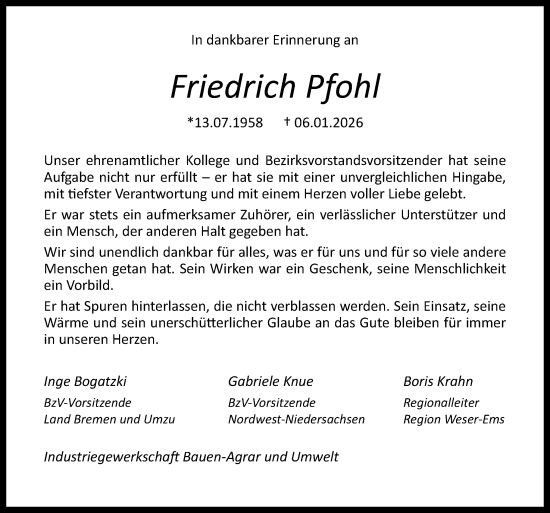 Traueranzeige von Friedrich Pfohl von Neue Osnabrücker Zeitung GmbH & Co. KG