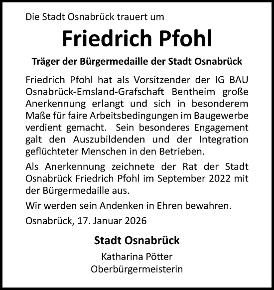 Traueranzeige von Friedrich Pfohl von Neue Osnabrücker Zeitung GmbH & Co. KG