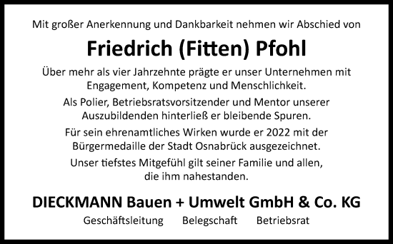 Traueranzeige von Friedrich Pfohl von Neue Osnabrücker Zeitung GmbH & Co. KG