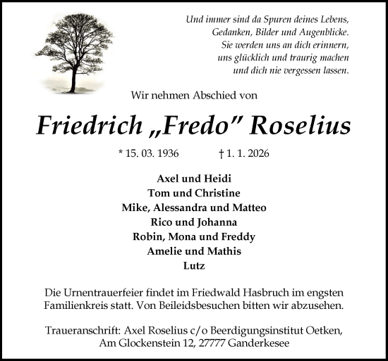 Traueranzeige von Friedrich Roselius von DK Medien GmbH & Co. KG