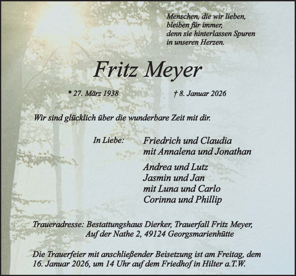  Traueranzeige für Fritz Meyer vom 10.01.2026 aus Neue Osnabrücker Zeitung GmbH & Co. KG
