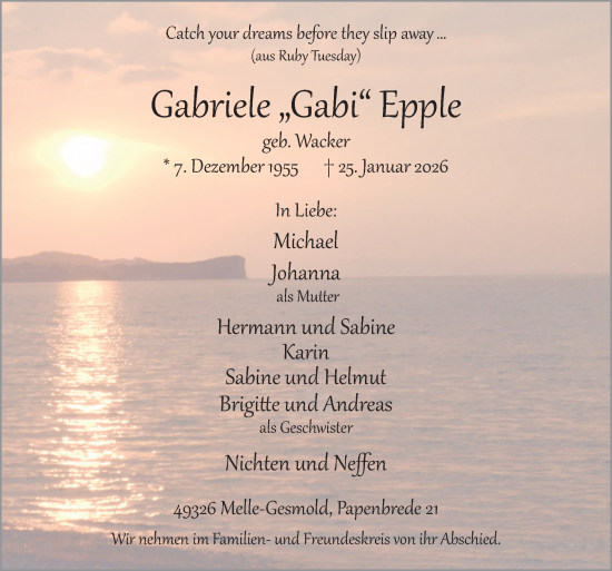 Traueranzeige von Gabriele Epple von Neue Osnabrücker Zeitung GmbH & Co. KG