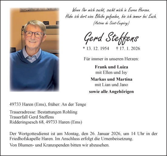 Traueranzeige von Gerd Steffens von Neue Osnabrücker Zeitung GmbH & Co. KG
