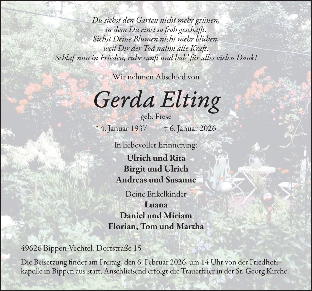  Traueranzeige für Gerda Elting vom 17.01.2026 aus Neue Osnabrücker Zeitung GmbH & Co. KG