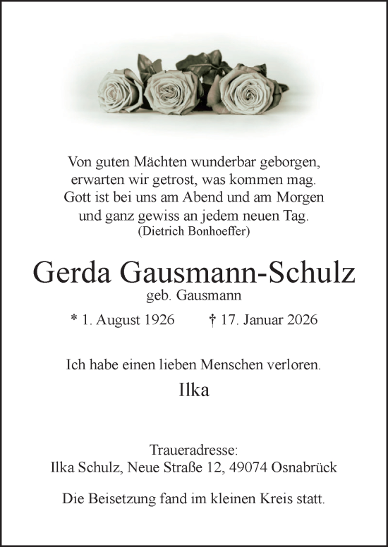 Traueranzeige von Gerda Gausmann-Schulz von Neue Osnabrücker Zeitung GmbH & Co. KG