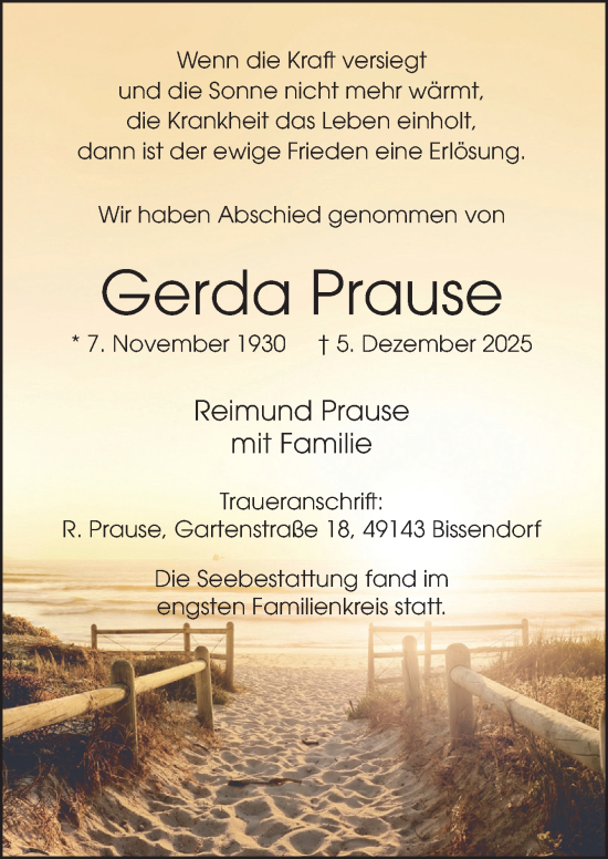 Traueranzeige von Gerda Prause von Neue Osnabrücker Zeitung GmbH & Co. KG