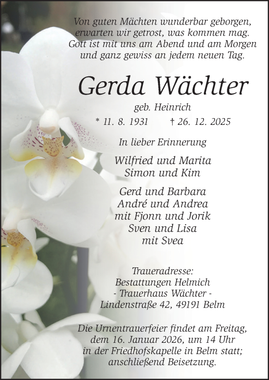 Traueranzeige von Gerda Wächter von Neue Osnabrücker Zeitung GmbH & Co. KG