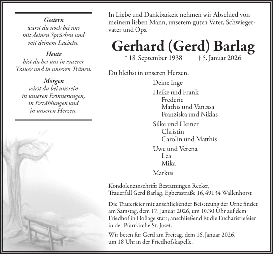Traueranzeige von Gerhard Barlag von Neue Osnabrücker Zeitung GmbH & Co. KG