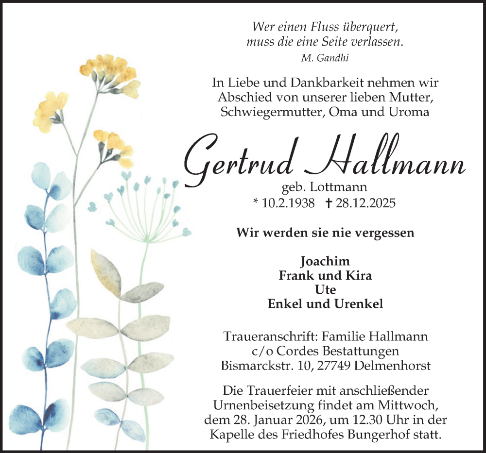  Traueranzeige für Gertrud Hallmann vom 10.01.2026 aus DK Medien GmbH & Co. KG