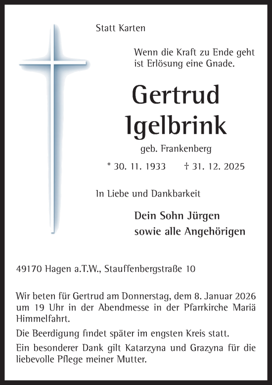 Traueranzeige von Gertrud Igelbrink von Neue Osnabrücker Zeitung GmbH & Co. KG