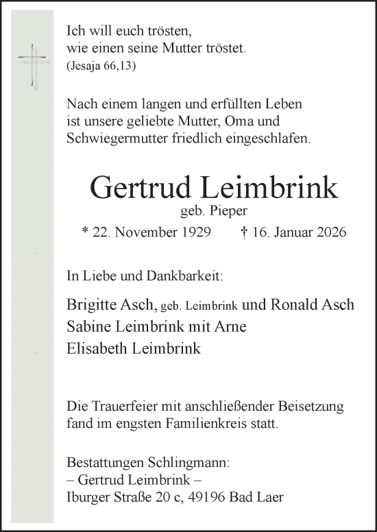 Traueranzeige von Gertrud Leimbrink von Neue Osnabrücker Zeitung GmbH & Co. KG