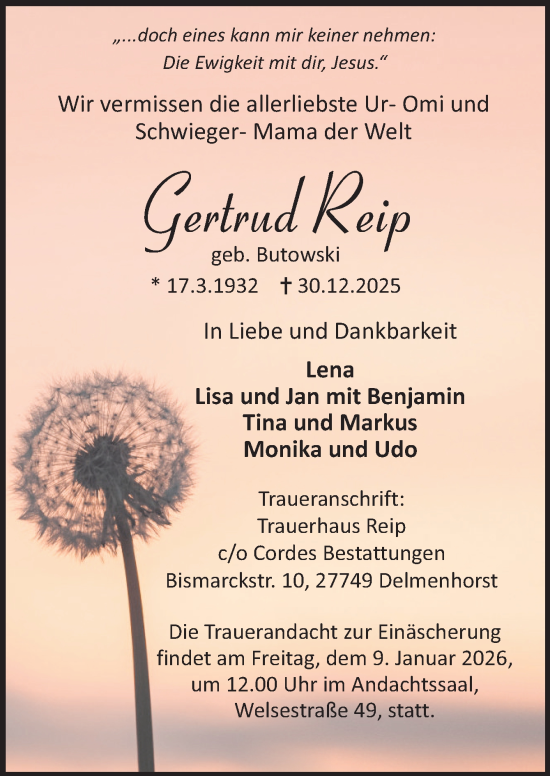 Traueranzeige von Gertrud Reip von DK Medien GmbH & Co. KG