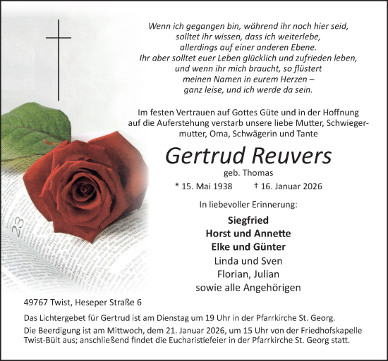 Traueranzeige von Gertrud Reuvers von Neue Osnabrücker Zeitung GmbH & Co. KG