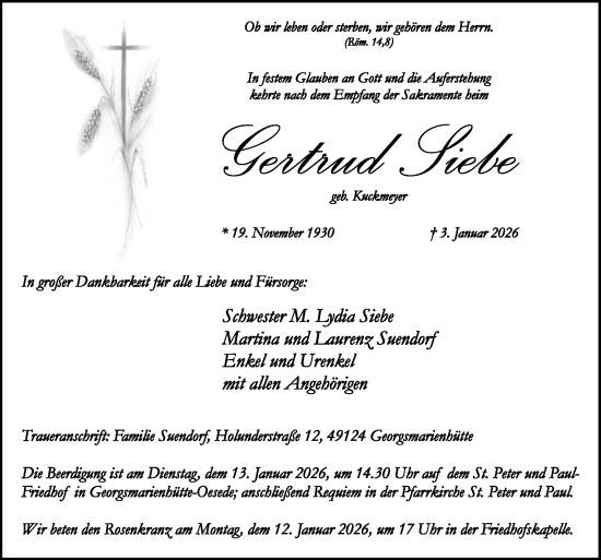 Traueranzeige von Gertrud Siebe von Neue Osnabrücker Zeitung GmbH & Co. KG