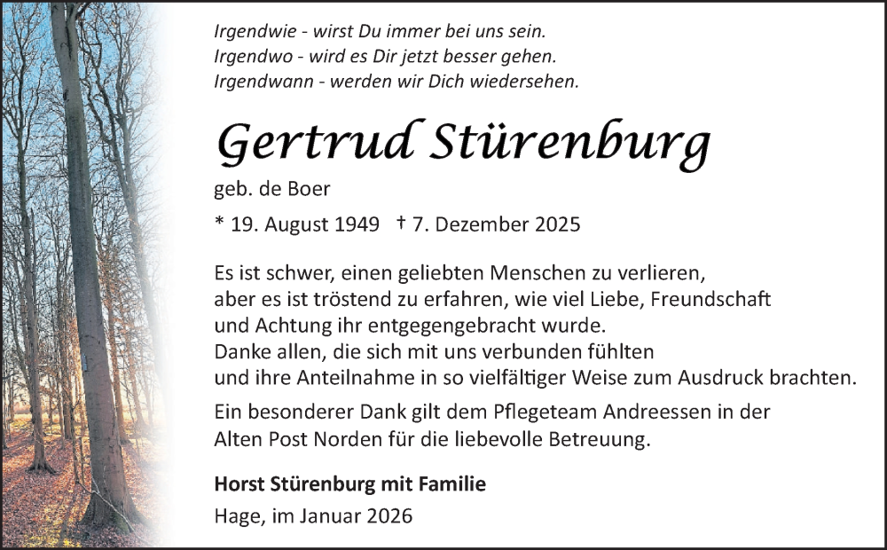  Traueranzeige für Gertrud Stürenburg vom 17.01.2026 aus Ostfriesischer Kurier GmbH