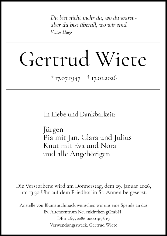 Traueranzeige von Gertrud Wiete von Neue Osnabrücker Zeitung GmbH & Co. KG