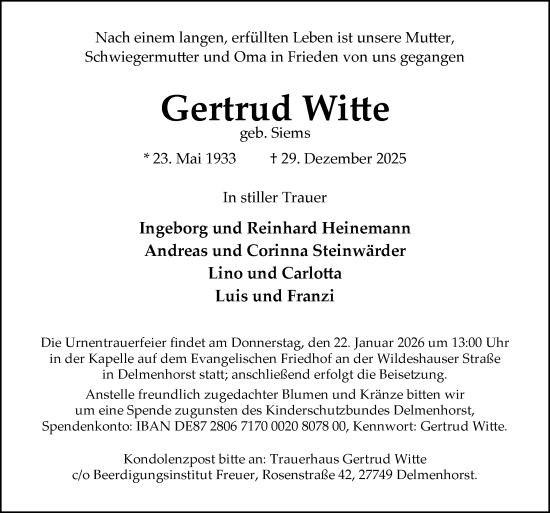 Traueranzeige von Gertrud Witte von DK Medien GmbH & Co. KG