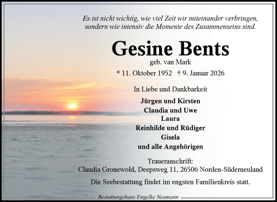 Traueranzeige von Gesine Bents von Ostfriesischer Kurier GmbH