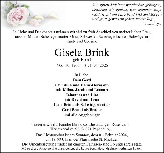 Traueranzeige von Gisela Brink von Neue Osnabrücker Zeitung GmbH & Co. KG