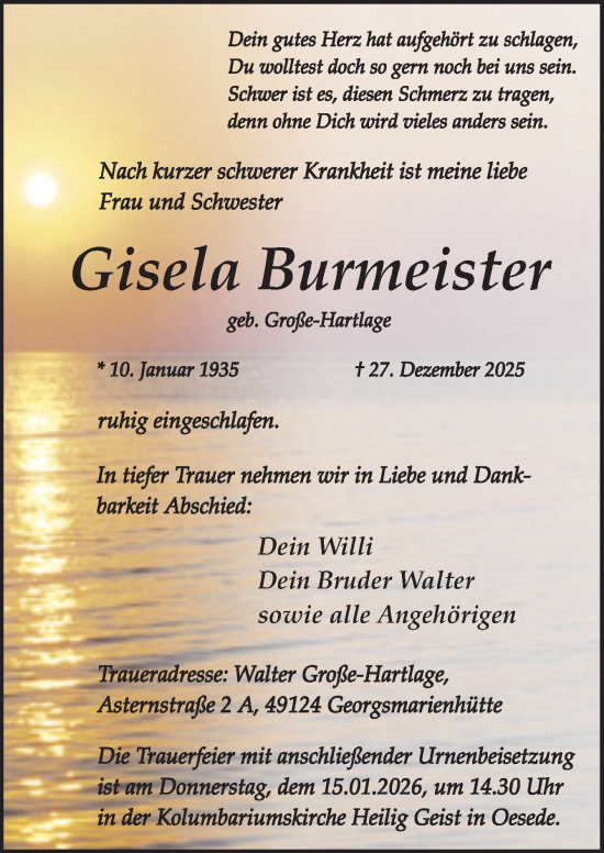 Traueranzeige von Gisela Burmeister von Neue Osnabrücker Zeitung GmbH & Co. KG