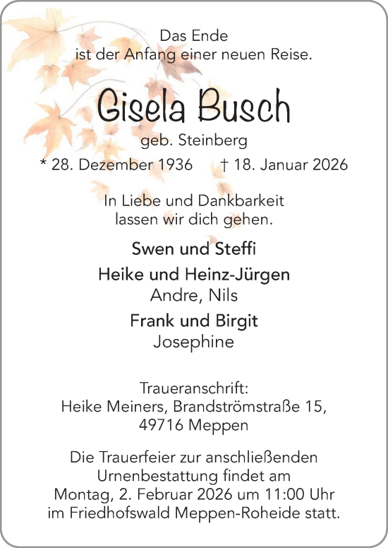 Traueranzeige von Gisela Busch von Neue Osnabrücker Zeitung GmbH & Co. KG