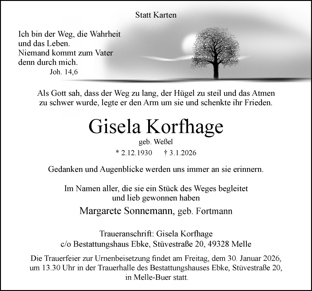  Traueranzeige für Gisela Korfhage vom 24.01.2026 aus Neue Osnabrücker Zeitung GmbH & Co. KG