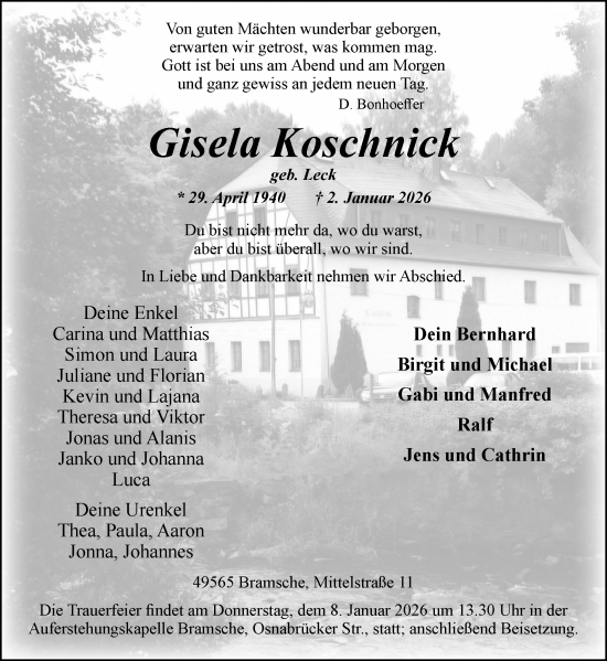 Traueranzeige von Gisela Koschnick von Neue Osnabrücker Zeitung GmbH & Co. KG
