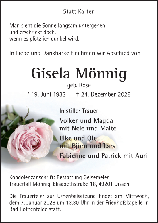 Traueranzeige von Gisela Mönnig von Neue Osnabrücker Zeitung GmbH & Co. KG