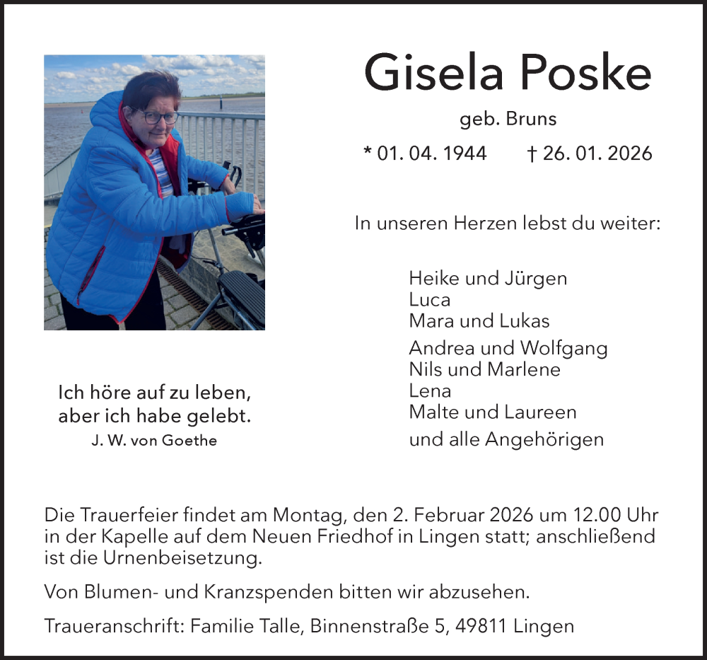  Traueranzeige für Gisela Poske vom 30.01.2026 aus Neue Osnabrücker Zeitung GmbH & Co. KG