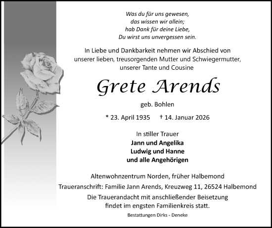 Traueranzeige von Grete Arends von Ostfriesischer Kurier GmbH
