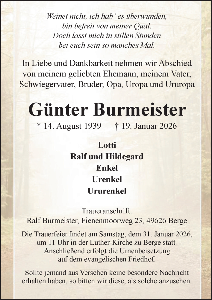  Traueranzeige für Günter Burmeister vom 24.01.2026 aus Neue Osnabrücker Zeitung GmbH & Co. KG