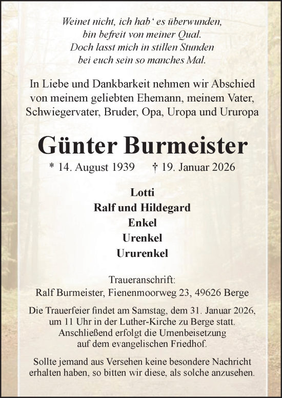 Traueranzeige von Günter Burmeister von Neue Osnabrücker Zeitung GmbH & Co. KG