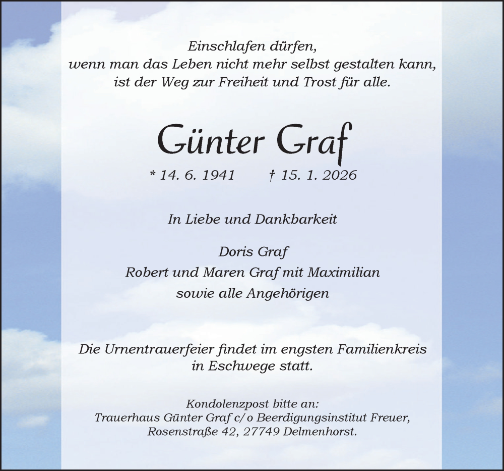  Traueranzeige für Günter Graf vom 24.01.2026 aus DK Medien GmbH & Co. KG
