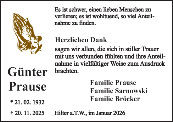 Traueranzeige von Günter Prause von Neue Osnabrücker Zeitung GmbH & Co. KG