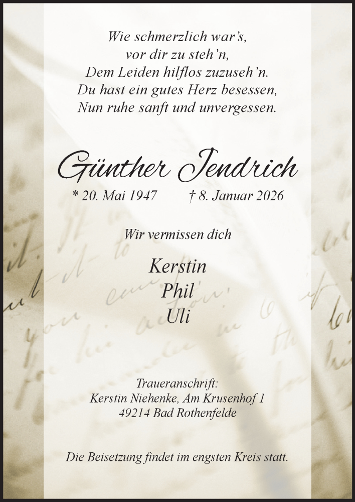  Traueranzeige für Günther Jendrich vom 17.01.2026 aus Neue Osnabrücker Zeitung GmbH & Co. KG