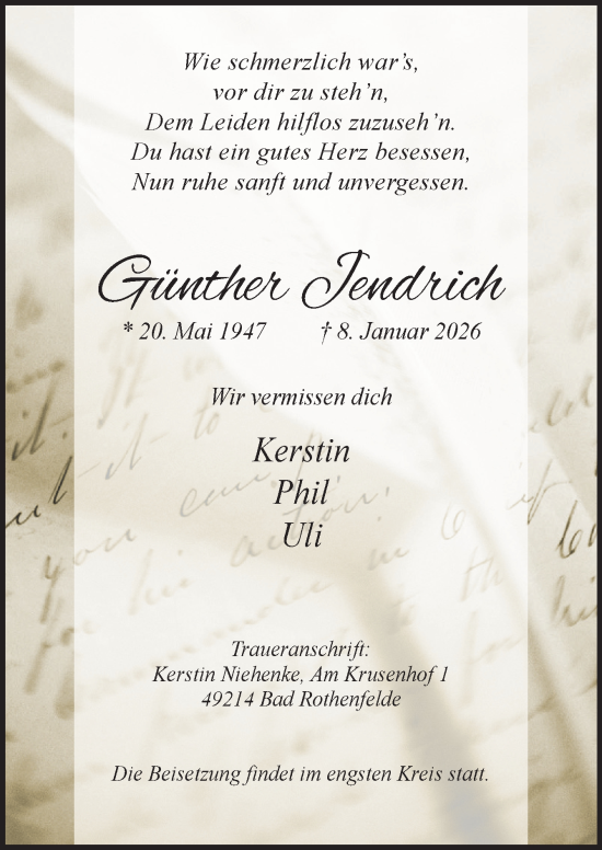 Traueranzeige von Günther Jendrich von Neue Osnabrücker Zeitung GmbH & Co. KG