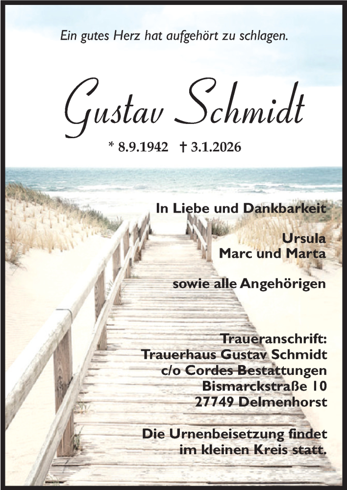 Traueranzeige für Gustav Schmidt vom 10.01.2026 aus DK Medien GmbH & Co. KG