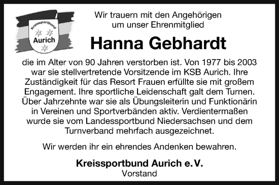 Traueranzeige von Hanna Gebhardt von Ostfriesischer Kurier GmbH
