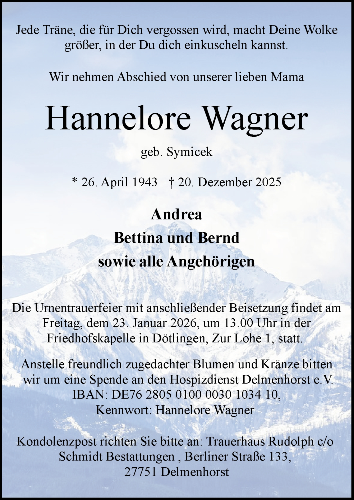  Traueranzeige für Hannelore Wagner vom 17.01.2026 aus DK Medien GmbH & Co. KG