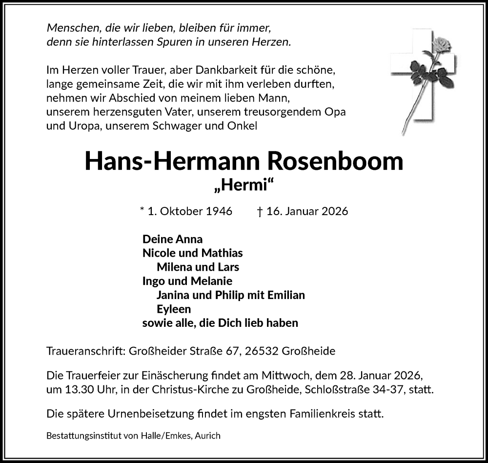  Traueranzeige für Hans-Hermann Rosenboom vom 24.01.2026 aus Ostfriesischer Kurier GmbH