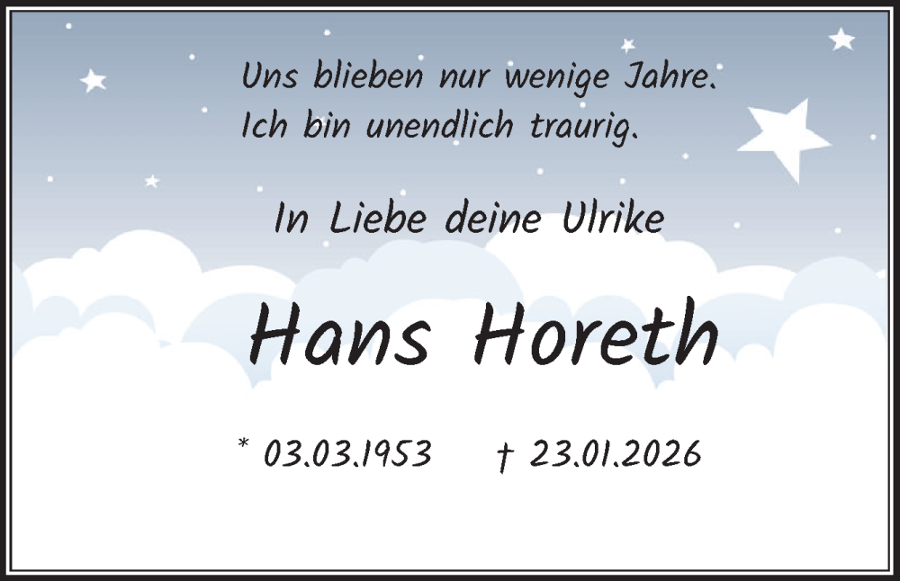  Traueranzeige für Hans Horeth vom 31.01.2026 aus Neue Osnabrücker Zeitung GmbH & Co. KG