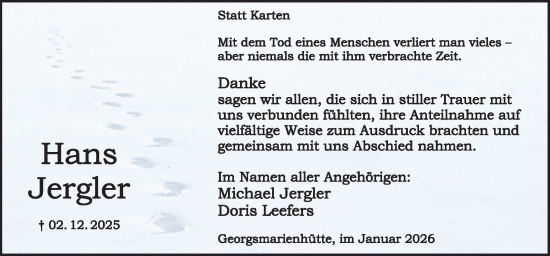 Traueranzeige von Hans Jergler von Neue Osnabrücker Zeitung GmbH & Co. KG