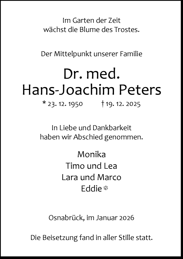  Traueranzeige für Hans-Joachim Peters vom 31.01.2026 aus Neue Osnabrücker Zeitung GmbH & Co. KG