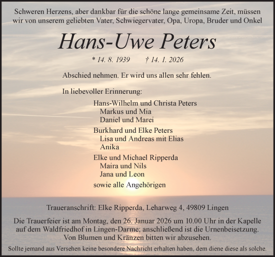 Traueranzeige von Hans-Uwe Peters von Neue Osnabrücker Zeitung GmbH & Co. KG